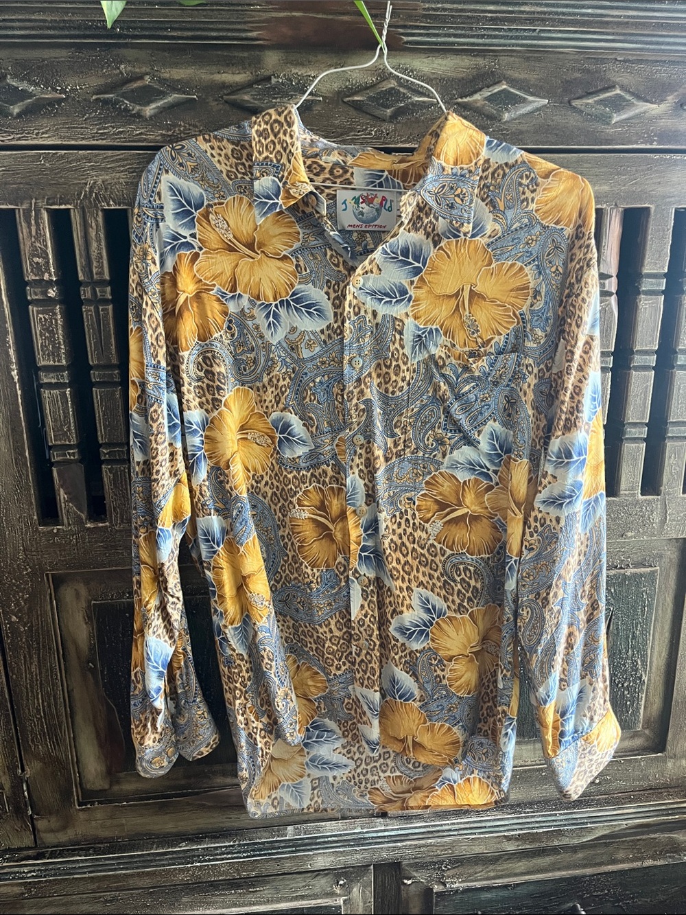 Jams World Men's Floral Button-Down Shirt in Gold and Blue